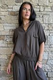 Basso Button Drape Cap Sleeve Shirt Chocolate